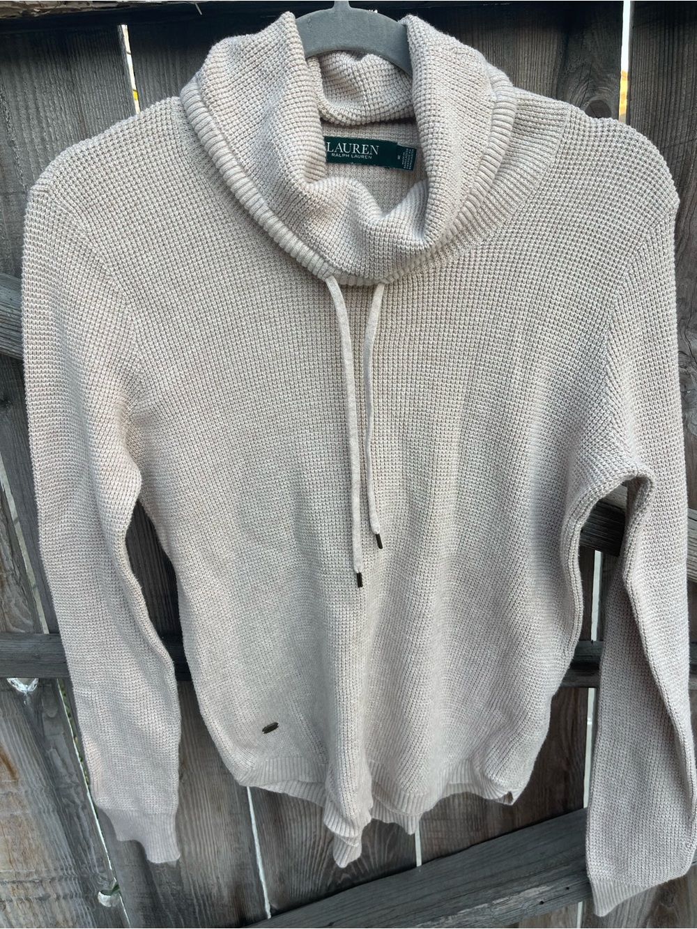 Lauren Ralph Lauren Beige Waffle Knit Drawstring Cowl Neck Sweater Size M
